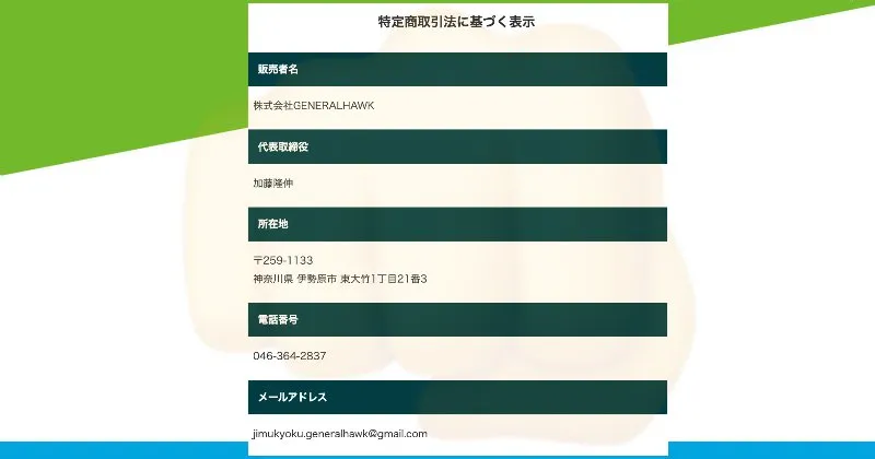 眞殿勝年「EX-MAKER」の特商法ページ・会社概要【株式会社GENERAL HAWK】